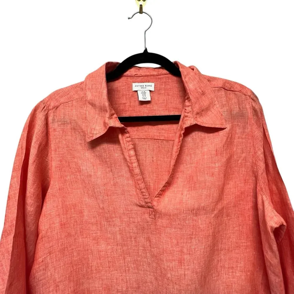 Antibes Blanc Coral Tunic 100% Linen Shirt Popover Coastal Lagenlook Medium - Picture 3 of 12
